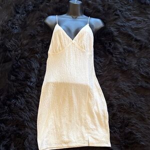 Divided Cream Textured Slip Dress with Spaghetti Straps